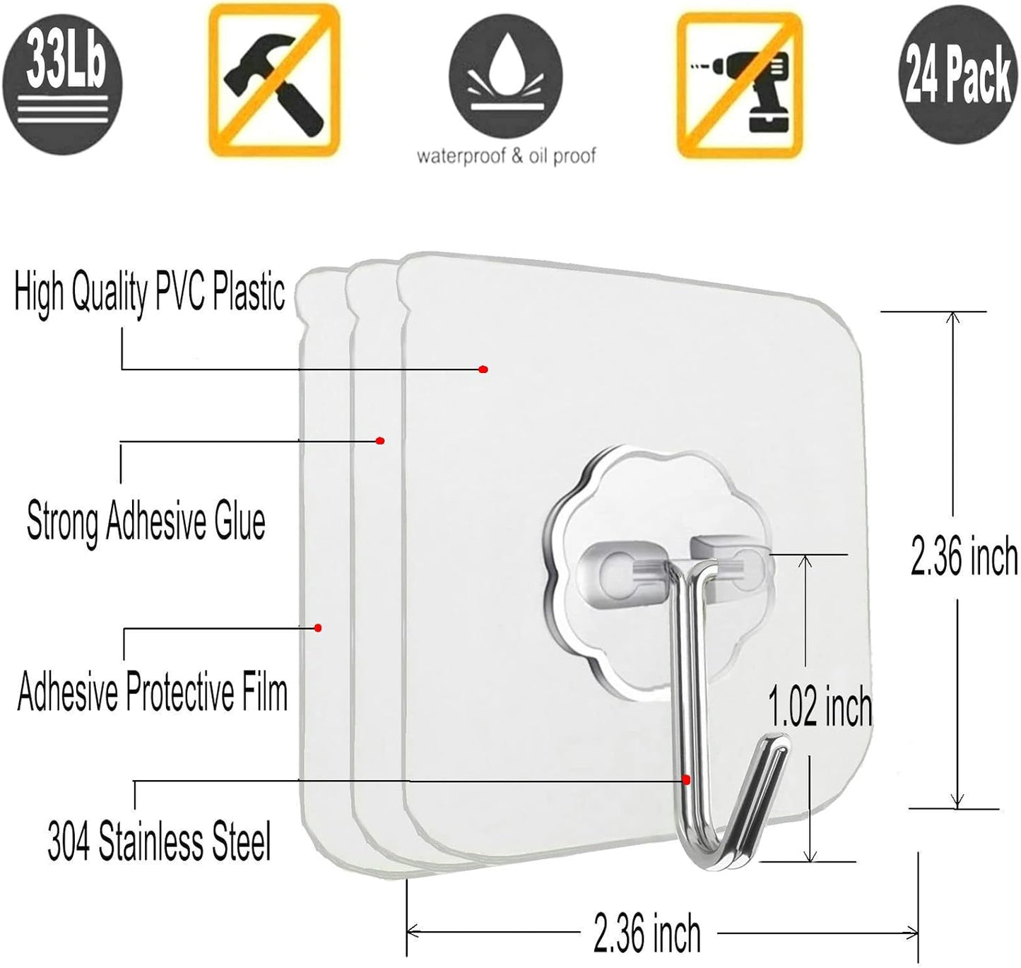 24 Pack Heavy Duty Self Adhesive Hooks - 33lb Max, Transparent, Waterproof, Sticky Wall Hooks for Keys, Bathroom, Shower, Outdoor, Kitchen, Door, Home Improvement, Utility