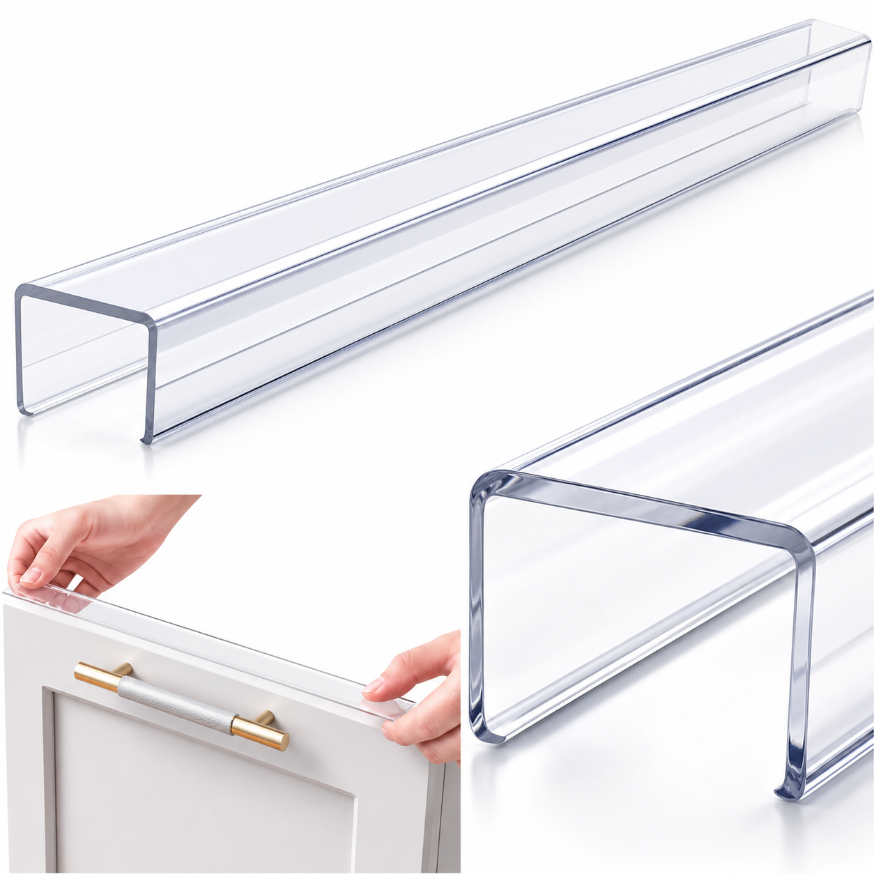 Clear Cabinet Door Protector Edge Guards (18" Length) - Slip-On Plastic Drawer Front Protectors for 3/4" Thick Kitchen Cabinets, Invisible Pet Scratch Guard for Sink & Trash Drawers