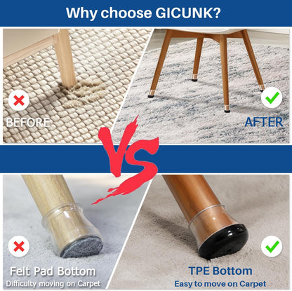Square Chair Leg Sliders for Carpet - 1-1/8" to 1-1/2" Clear Silicone Furniture Protectors, Teflon Bottom Chair Feet Glides Covers for Hardwood, Tile, Low-Pile & Medium-Pile Rugs