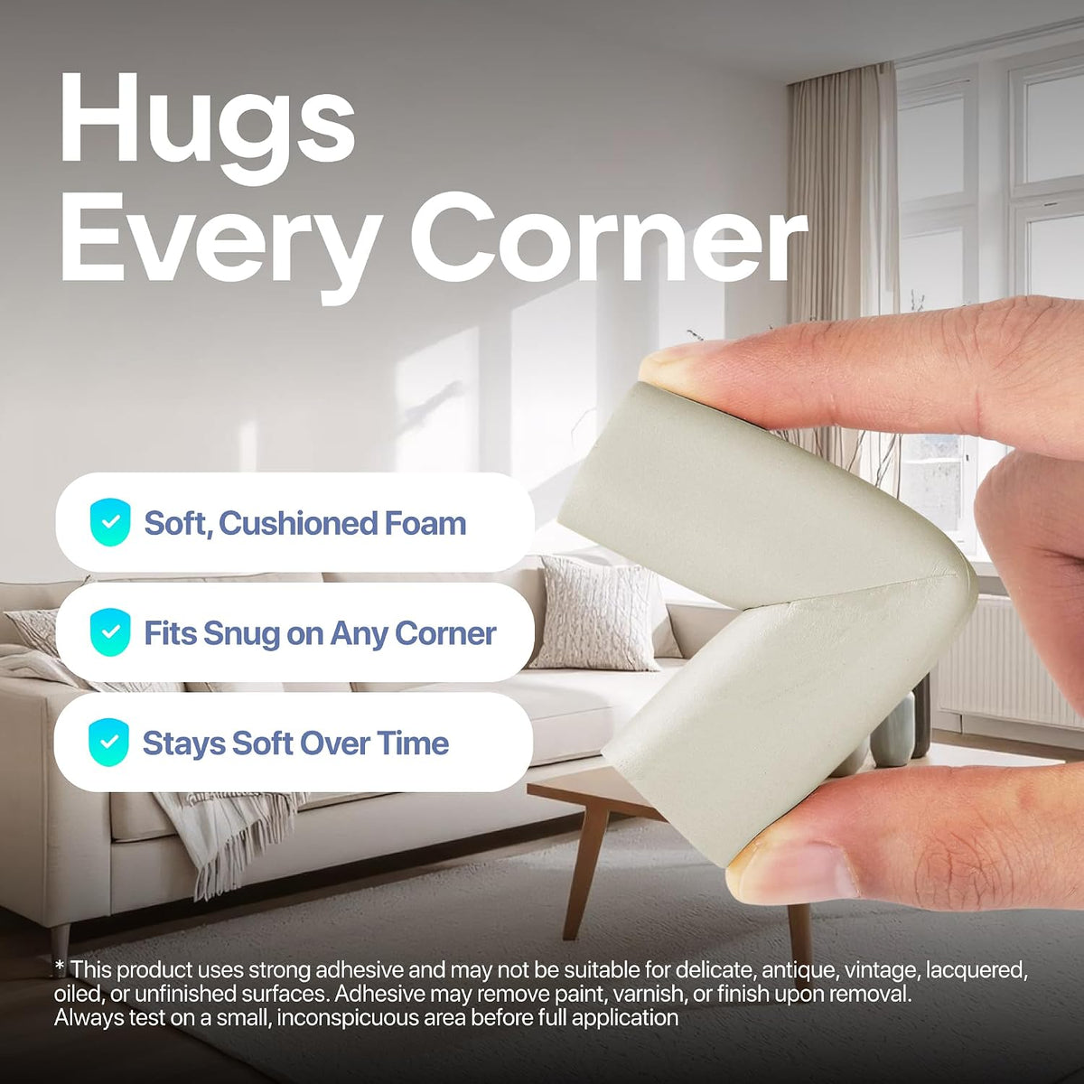 White Rubber Foam Corner Guards - Pre-Taped 3M Adhesive Furniture Corner Protectors, Soft Cushion Safety Bumpers for Fireplace, Coffee Table, Cabinet & Stair Edges
