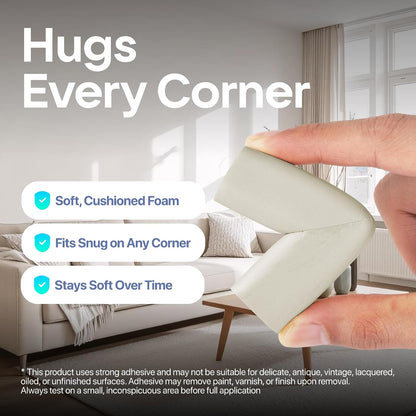 White Rubber Foam Corner Guards - Pre-Taped 3M Adhesive Furniture Corner Protectors, Soft Cushion Safety Bumpers for Fireplace, Coffee Table, Cabinet & Stair Edges