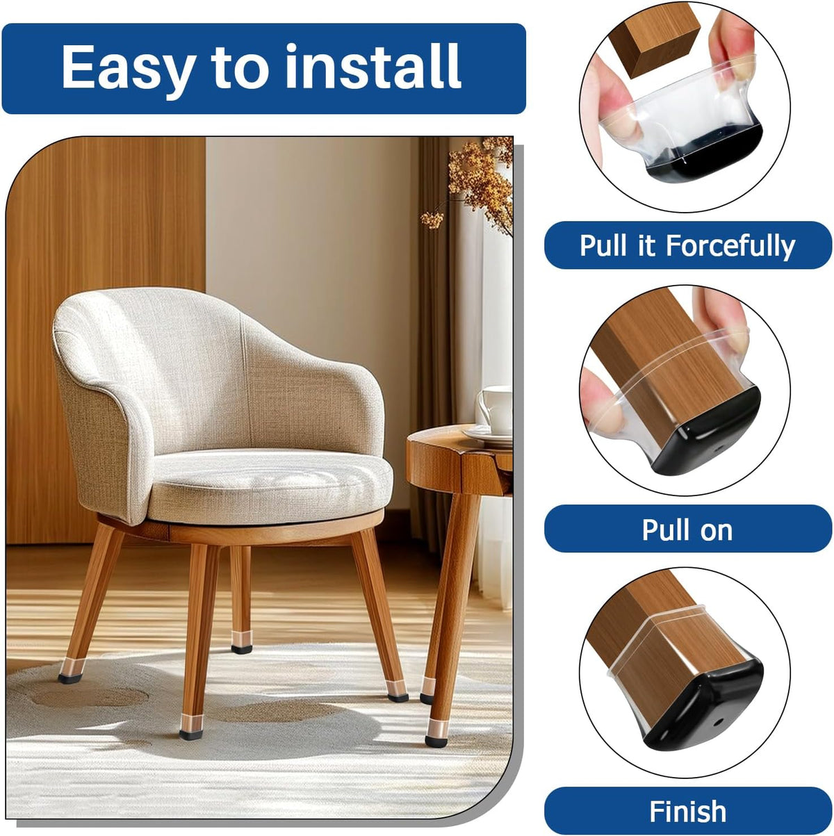 Square Chair Leg Sliders for Carpet - 1-1/8" to 1-1/2" Clear Silicone Furniture Protectors, Teflon Bottom Chair Feet Glides Covers for Hardwood, Tile, Low-Pile & Medium-Pile Rugs