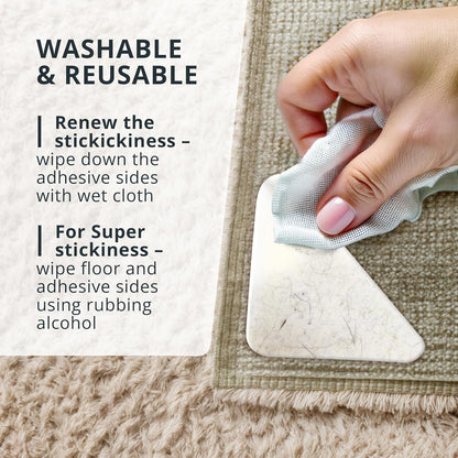 8 Pack Premium Rug Grippers for Carpeted Floors - White Double-Sided Anti-Slip & Anti-Curling Carpet Tape for Area Rugs, Low-Profile Rug Corner Stickers for Layering Rugs over Carpet