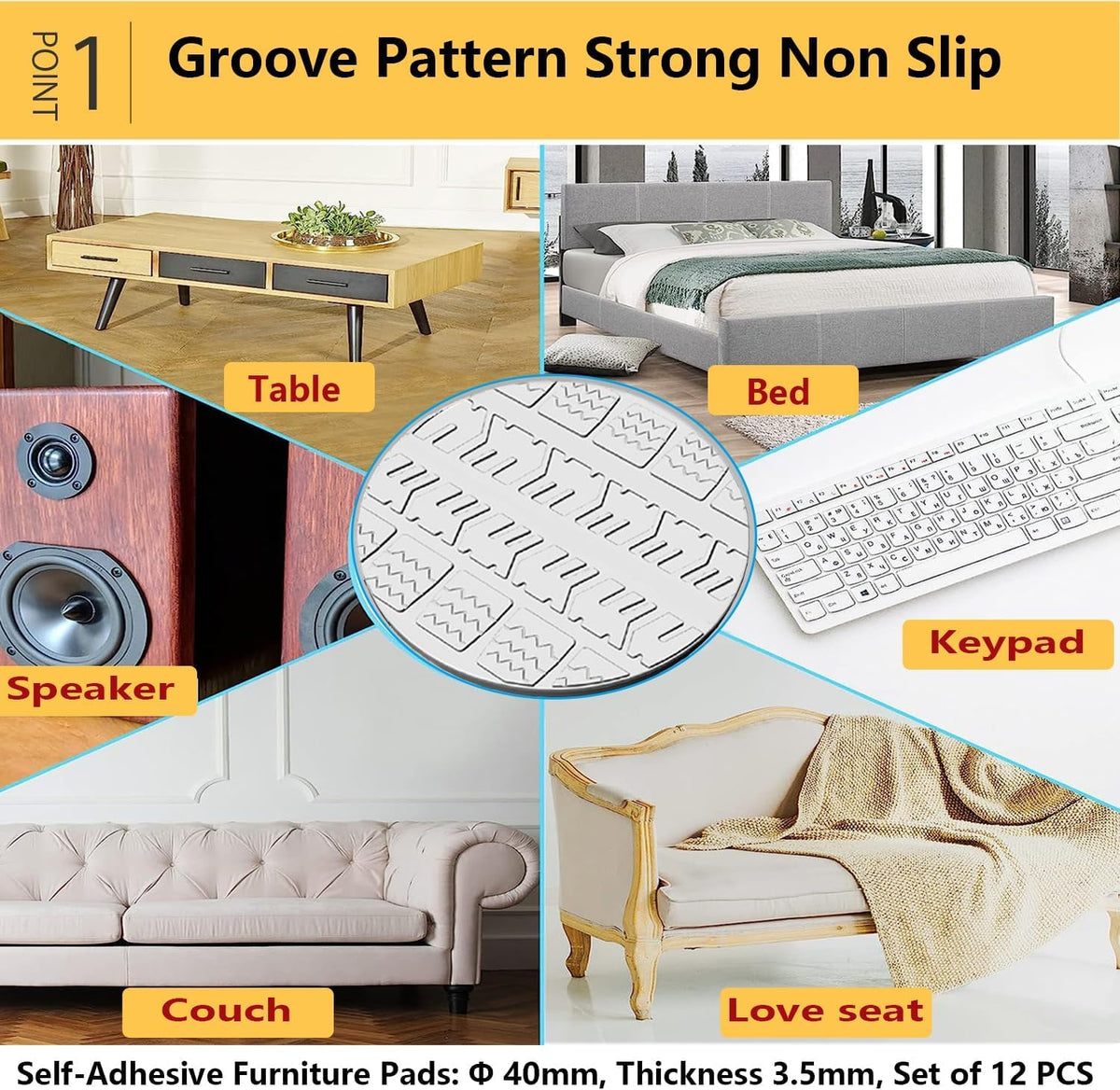 Clear Self-Adhesive Non-Slip Furniture Pads - 1.57" Round Heavy-Duty Tire-Grooved Couch Stoppers for Hardwood Floors, Invisible Washable PU Furniture Grippers for Beds, Speakers and Appliances