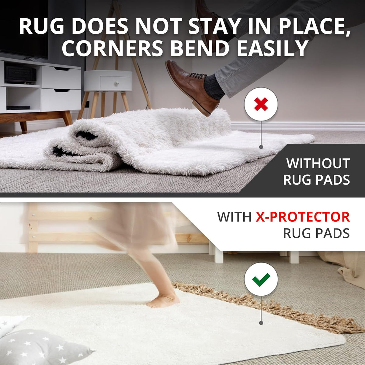8 Pack Premium Rug Grippers for Carpeted Floors - White Double-Sided Anti-Slip & Anti-Curling Carpet Tape for Area Rugs, Low-Profile Rug Corner Stickers for Layering Rugs over Carpet