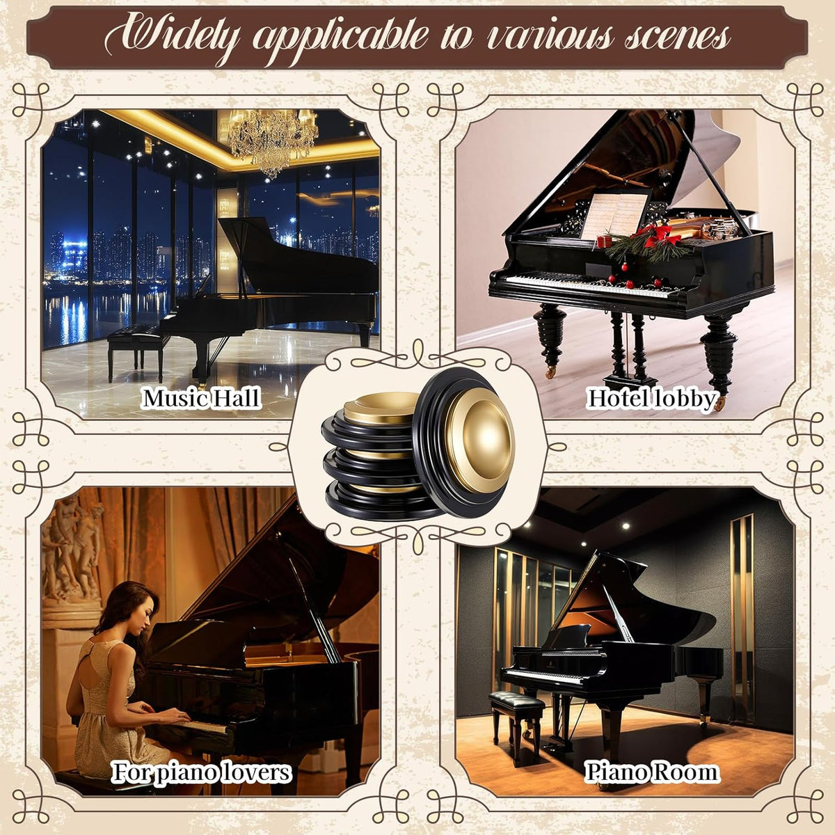 Grand Piano Caster Cups for Hardwood Floors - Heavy-Duty Metal & Rubber Double-Layer Floor Protectors with Anti-Slip Felt Bottom (2.5" Inner Diameter)