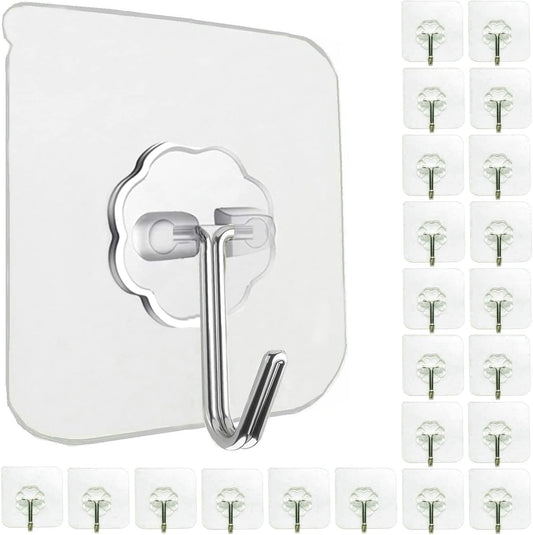 24 Pack Heavy Duty Self Adhesive Hooks - 33lb Max, Transparent, Waterproof, Sticky Wall Hooks for Keys, Bathroom, Shower, Outdoor, Kitchen, Door, Home Improvement, Utility
