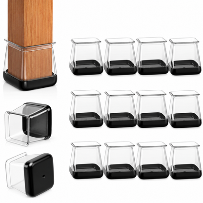 Square Chair Leg Sliders for Carpet - 1-1/8" to 1-1/2" Clear Silicone Furniture Protectors, Teflon Bottom Chair Feet Glides Covers for Hardwood, Tile, Low-Pile & Medium-Pile Rugs