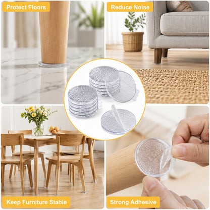 Clear Self-Adhesive Non-Slip Furniture Pads - 1.57" Round Heavy-Duty Tire-Grooved Couch Stoppers for Hardwood Floors, Invisible Washable PU Furniture Grippers for Beds, Speakers and Appliances
