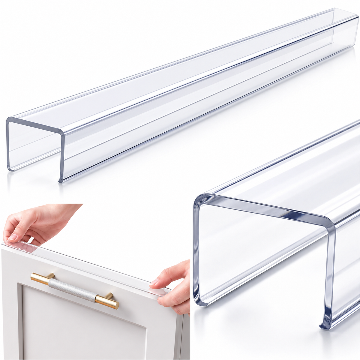 Clear Cabinet Door Protector Edge Guards (18" Length) - Slip-On Plastic Drawer Front Protectors for 3/4" Thick Kitchen Cabinets, Invisible Pet Scratch Guard for Sink & Trash Drawers