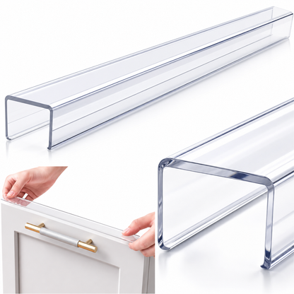 Clear Cabinet Door Protector Edge Guards (18" Length) - Slip-On Plastic Drawer Front Protectors for 3/4" Thick Kitchen Cabinets, Invisible Pet Scratch Guard for Sink & Trash Drawers