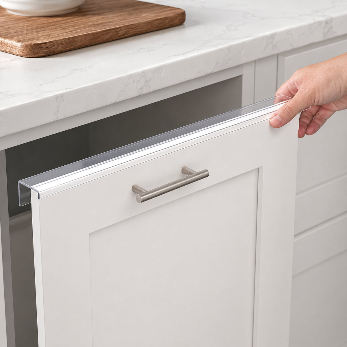 Clear Cabinet Door Protector Edge Guards (18" Length) - Slip-On Plastic Drawer Front Protectors for 3/4" Thick Kitchen Cabinets, Invisible Pet Scratch Guard for Sink & Trash Drawers
