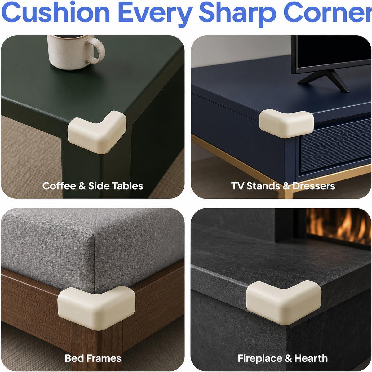 White Rubber Foam Corner Guards - Pre-Taped 3M Adhesive Furniture Corner Protectors, Soft Cushion Safety Bumpers for Fireplace, Coffee Table, Cabinet & Stair Edges