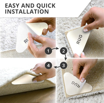 8 Pack Premium Rug Grippers for Carpeted Floors - White Double-Sided Anti-Slip & Anti-Curling Carpet Tape for Area Rugs, Low-Profile Rug Corner Stickers for Layering Rugs over Carpet