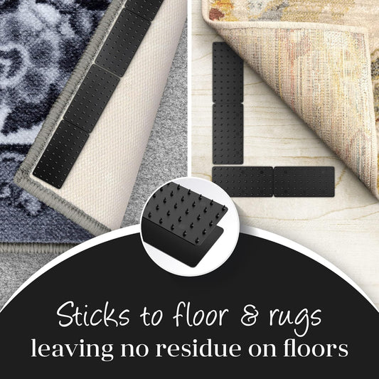 4 Pack Black Non-Slip Rug Grippers - Splittable Carpet-to-Carpet Mat Holders with 100 Physical Spikes, Anti-Slip Carpet Lock Protectors for Area Rugs and Hallway Runners