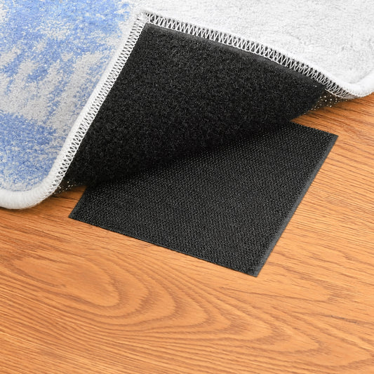 10 Pack Black Rug Anchors & Grippers - 4" x 4" Washable Reusable Hook and Loop Rug Pads for Hardwood Floors, Non-Slip Anti-Curling Carpet Tape Stickers for Area Rugs, Outlets, and Routers
