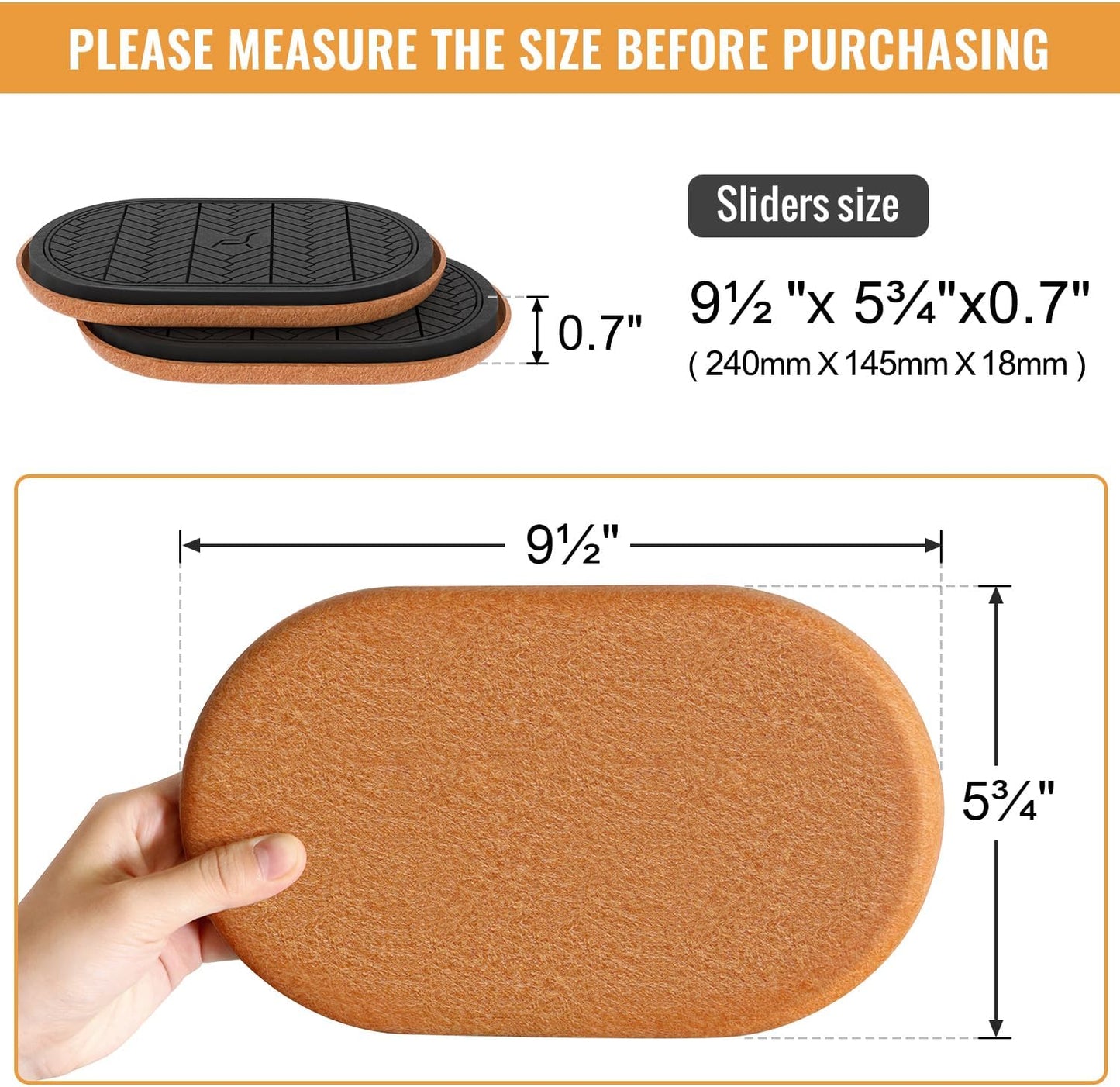 Furniture Sliders for Hardwood Floors, 9.5" Oval Reusable Felt Sliders, 8-Pack Heavy-Duty Floor Protectors for Easy Furniture Moving