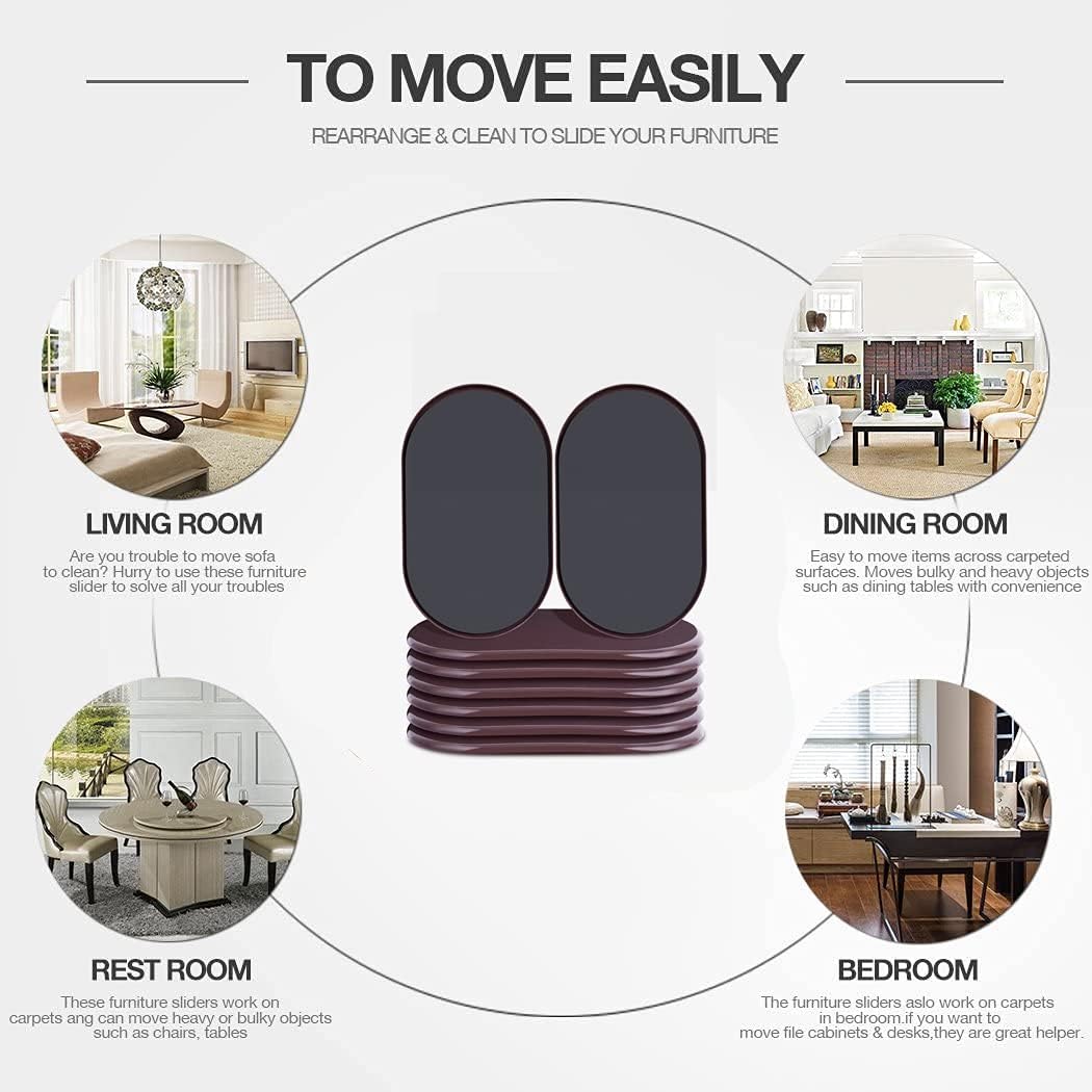 Reusable Large Furniture Sliders for Carpet, 8-Pack Heavy-Duty Oval Carpet Movers for Sofas, Beds, Tables, and Desks, Brown