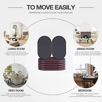 Reusable Large Furniture Sliders for Carpet, 8-Pack Heavy-Duty Oval Carpet Movers for Sofas, Beds, Tables, and Desks, Brown