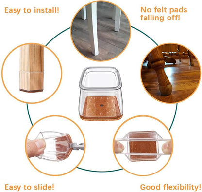 Square Chair Leg Floor Protectors with Felt Pads, Silicone Furniture Leg Covers for Hardwood Floors, Large Fit 1"–1 5/8"