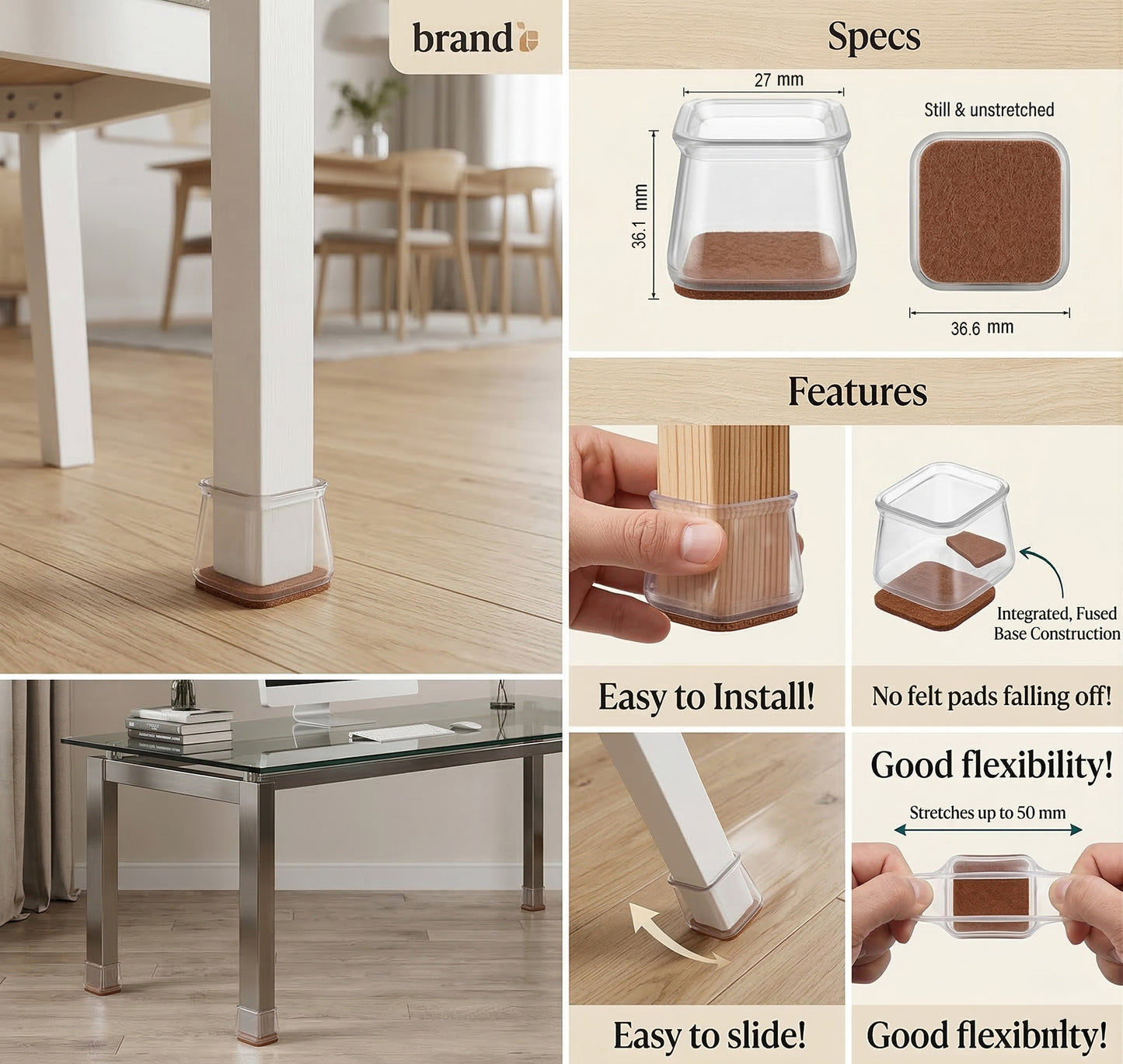 Square Chair Leg Floor Protectors with Felt Pads, Silicone Furniture Leg Covers for Hardwood Floors, Large Fit 1"–1 5/8"