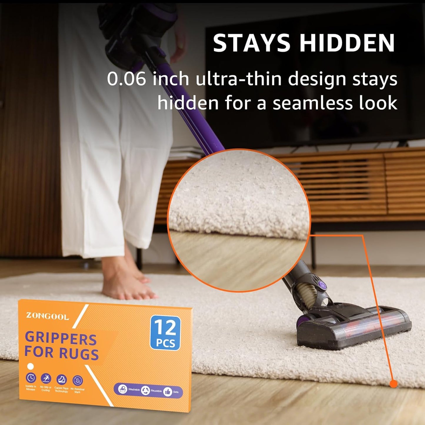 Reusable Non-Slip Rug Gripper Set - Washable Adhesive Tape for Hardwood & Tile Floors - White