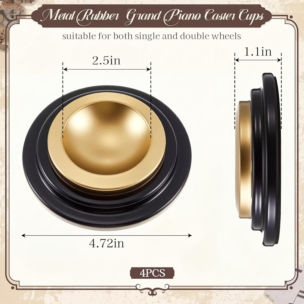 Grand Piano Caster Cups for Hardwood Floors - Heavy-Duty Metal & Rubber Double-Layer Floor Protectors with Anti-Slip Felt Bottom (2.5" Inner Diameter)